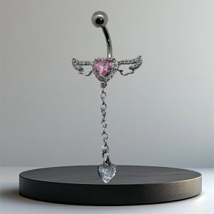 EVERLY CZ Heart Angel Wings Titanium Belly Bar - Silver Pink - Image 1