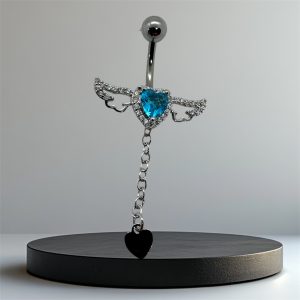EVERLY CZ Heart Angel Wings Titanium Belly Bar - Silver Blue - Image 1