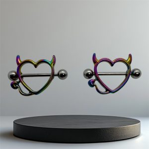 EVERLY CZ Devil Titanium Nipple Bars Shield (Pair) - Silver Rainbow - Image 1