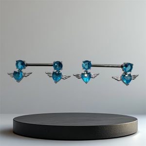 EVERLY CZ Angel Heart Dangle Titanium Nipple Bars (Pair) - Silver Blue - Image 1