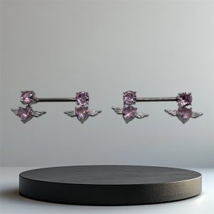 EVERLY CZ Angel Heart Dangle Titanium Nipple Bars (Pair) - Silver Pink - Image 1